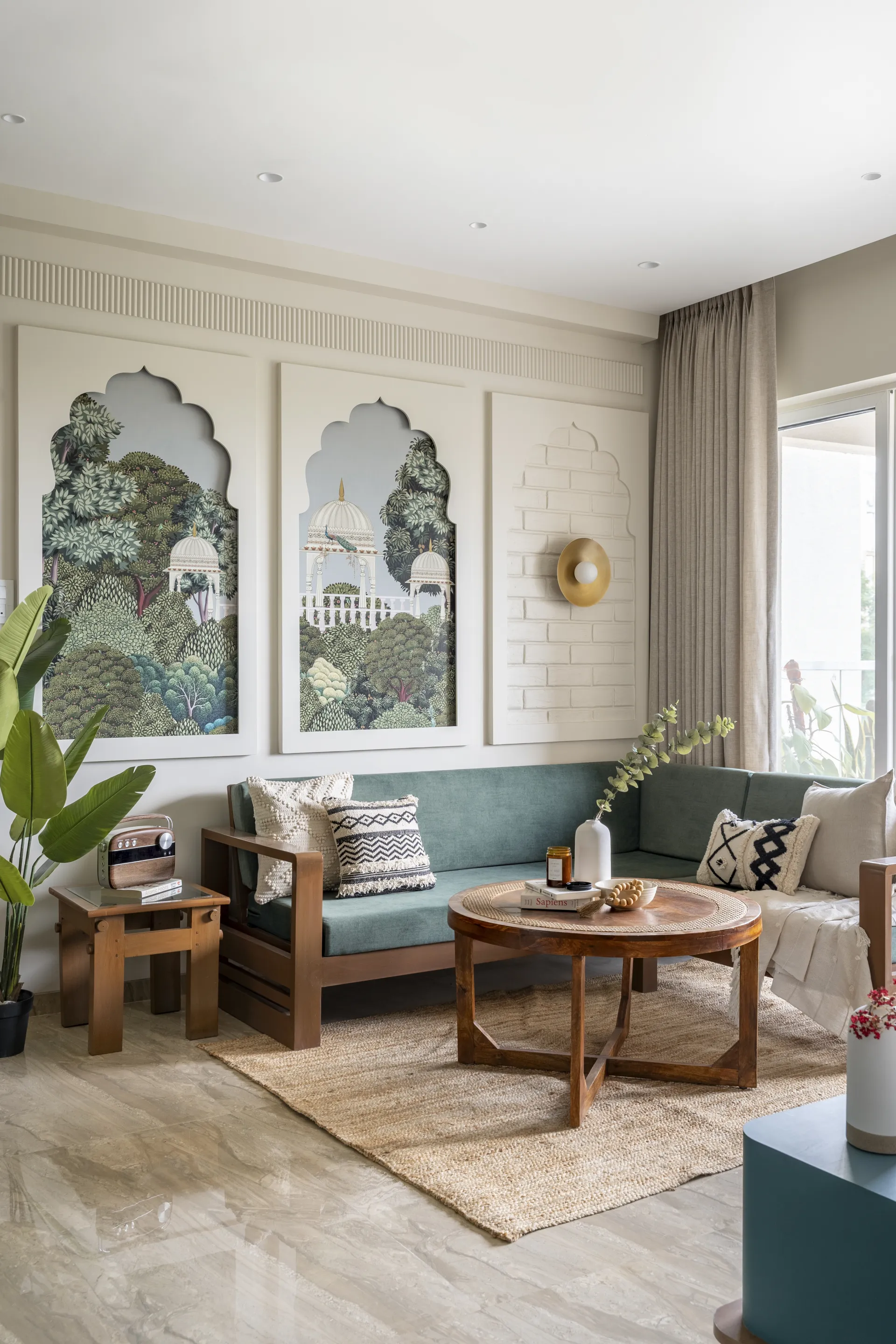 The Earthy Abode — Living room with earthy tones and Indian craftsmanship, studio raama, Pune